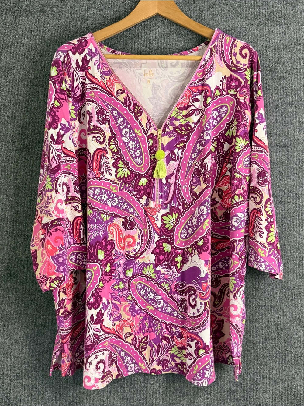 Belle Kim Gravel Womens 3X Paisley Top Zipper Front 3/4 Sleeve Pink Green Casual
